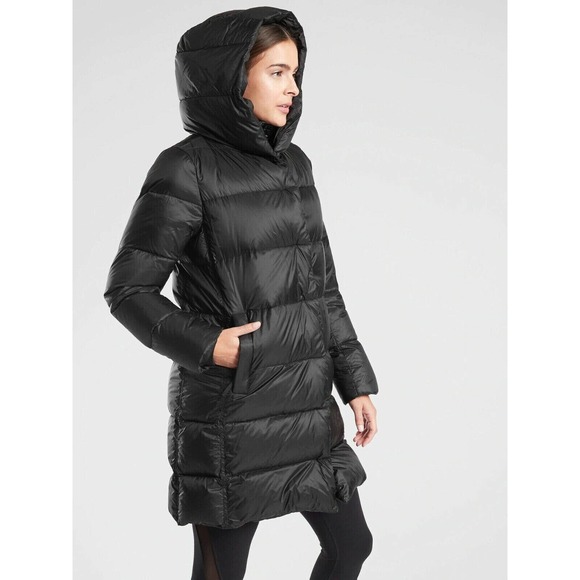 Athleta Lofty Down Coat Goose Down Black Puffer Hooded Puffy Long Coat Medium - Picture 3 of 16
